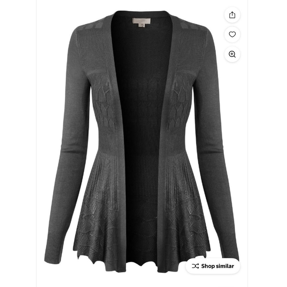 Womans Gray Open Cardigan with Flared Lace Hem, Size M